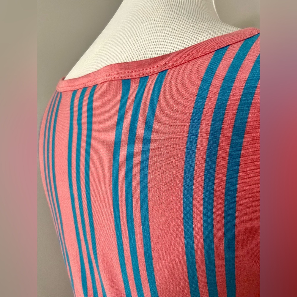 LuLaRoe Julia Dress Pink with Blue Vertical Stripes Midi Form Fittint - Picture 6 of 7